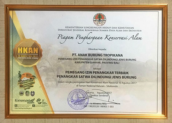 Mitra Balai KSDA Bali PT. Anak Burung Tropikana won the award for breeding the best protected wildlife in HKAN 2017 commemoration in Baluran National Park.